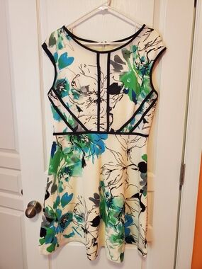 Studio One White Mini Dress with Blue, Green & Black Floral Accents
